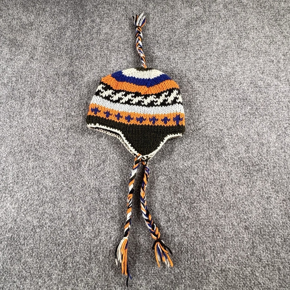 Y2K Wool Nepal Trapper Hat Ear Flap Black Orange Blue Fair Isle Knit Tassel Boho